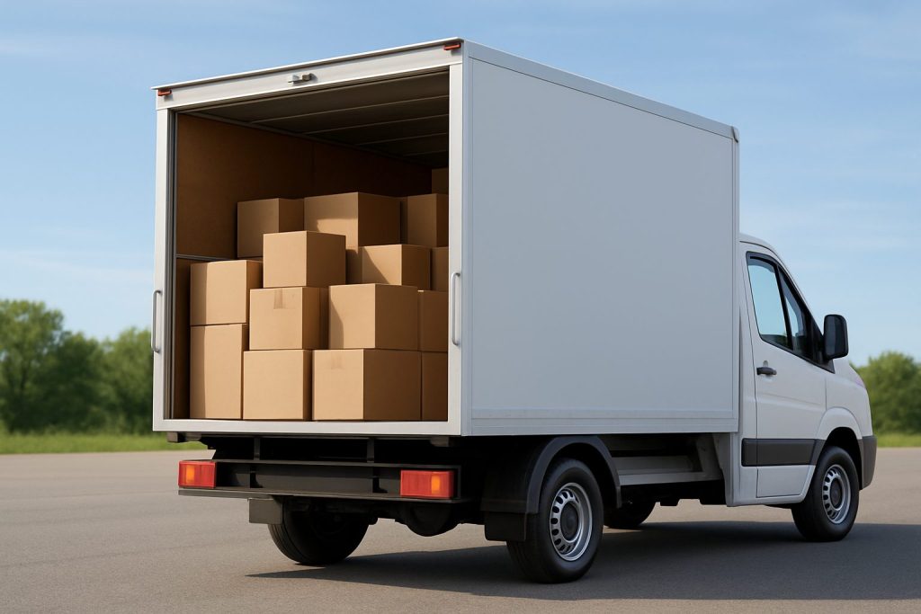 A moving truck with stacked cardboard boxes, parked in an outdoor area.