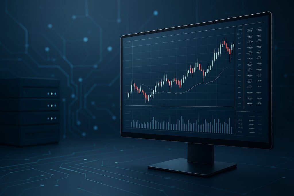 A computer monitor displaying a financial trading chart against a dark, technology-themed background.