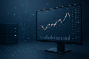 A computer monitor displaying a financial trading chart against a dark, technology-themed background.